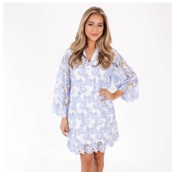 j. marie Dresses & Skirts - J. Marie Small Maggie Light Blue White Lace Short Dress Kaftan 3/4 Sleeve NWT